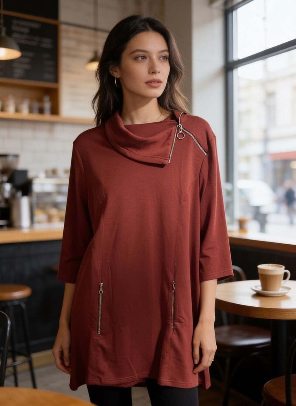 NorthStyle Rust Tunic Top Size 1X Funnel Neck Zip
